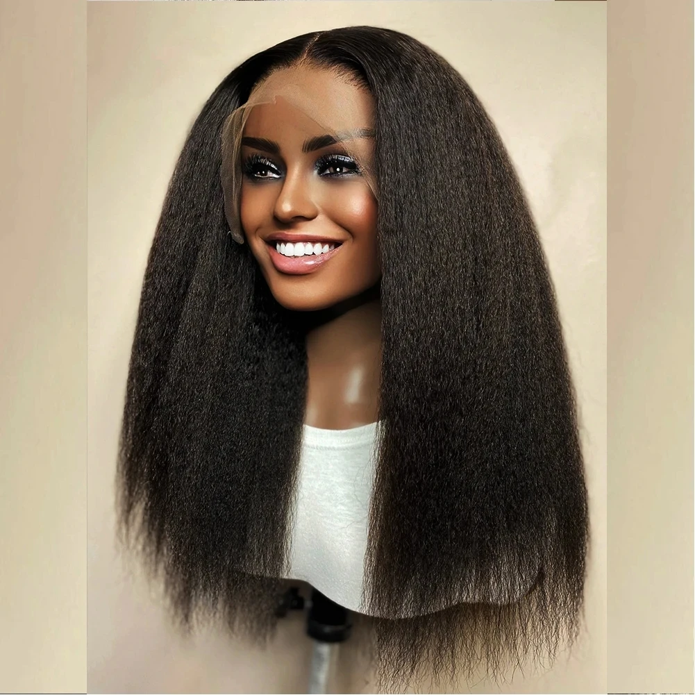 Perruque Lace Front Wig Yaki Synthétique Sans Colle, Postiche Lisse, Doux et Long, 26 Pouces, Noir Naturel, pour Femme Noire, avec Baby Hair, 03/3