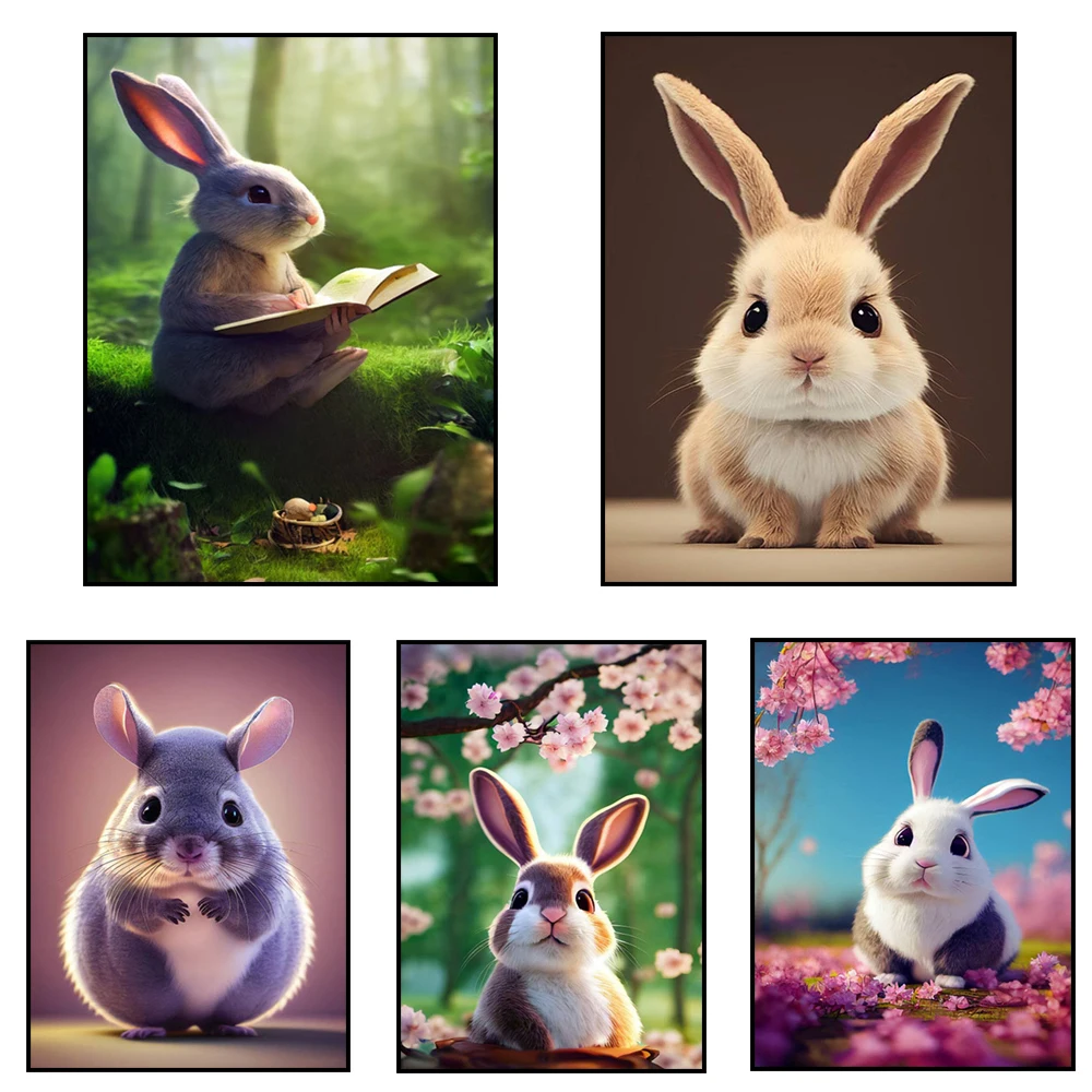 Cute animal chinchilla portrait, cute white rabbit in kimono painted on pink sakura tree canvas art poster living room decor