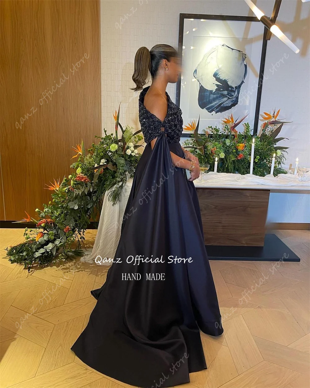 Qanz Navy Blue Dubai Evening Dresses Luxury Satin Sparkle Abendkleider Damen Party Gown Dresses Special Occasion Customized