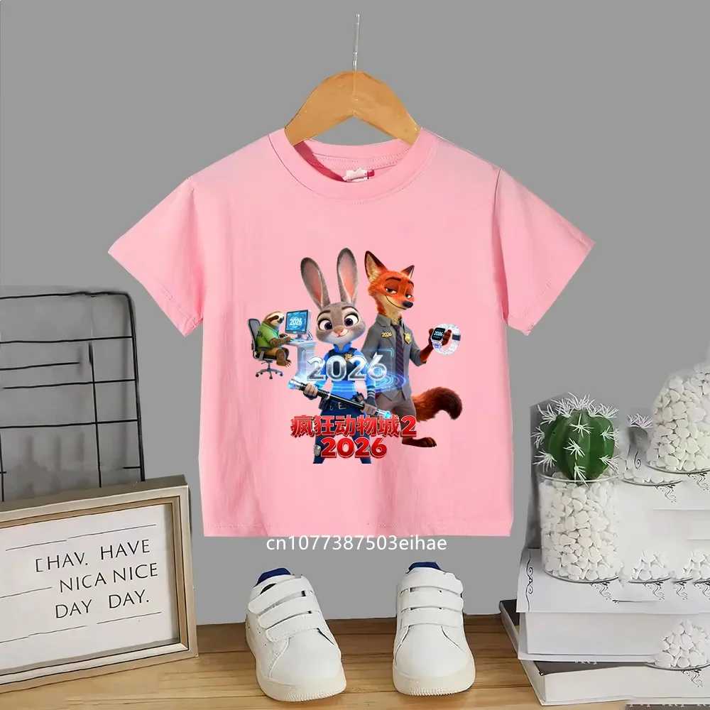 

Children's Summer Cotton Top. New "Zootopia 2" Judy Nick Cartoon Print Short-sleeved T-shirt. Boys' and Girls' Daily Casual Wear