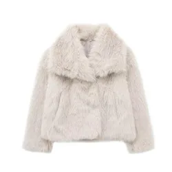 Women's Faux Fur Cropped Jacket Coat Autumn Winter Lapel Long Sleeve Thick Warm Soft Jacket Female Chic Warm Outerwear