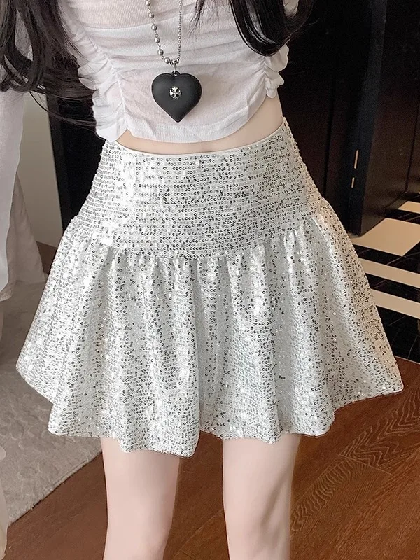 

Юбка трапециевидной формы с высокой талией и пайетками, женская весенне-летняя расклешенная плиссированная юбка со сверкающими цветочными бутонами f юбка