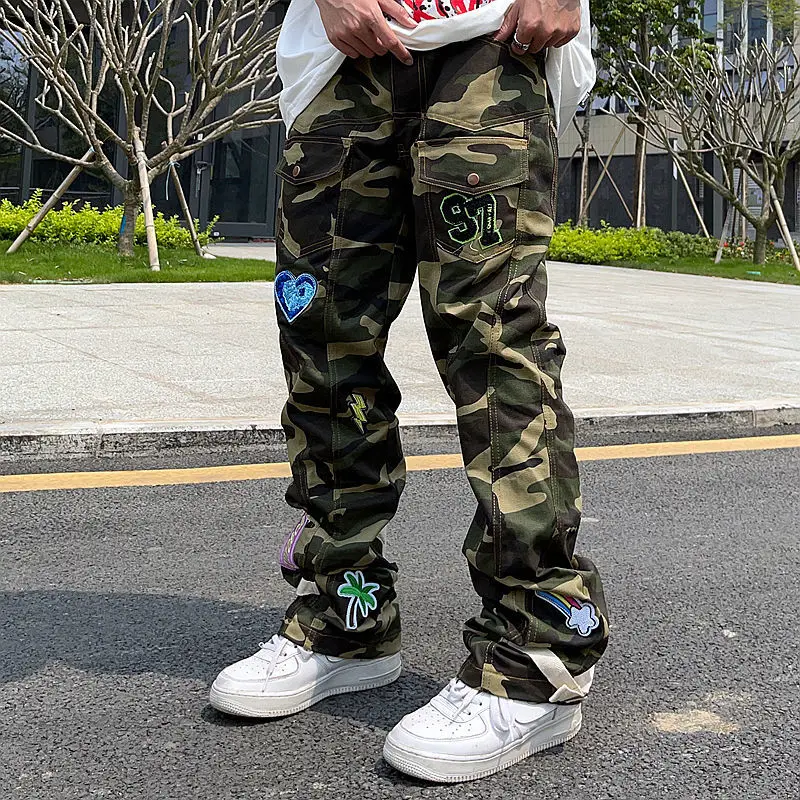 High Street Camouflage Patch Bestickte Jeans männer Flut Marke Amerikanischen Straße Hip-Hop Lose Gerade Beiläufige Overalls Trendy