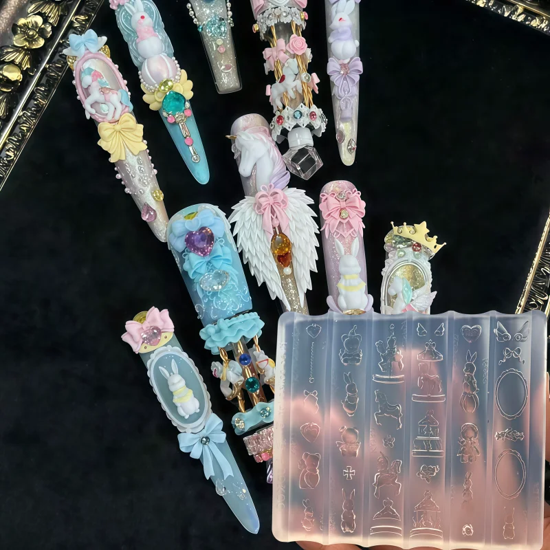 1pc 3D Nail Art Accessory Mold Unicorn Horse Carousel Bow Tie Bear Rabbit Rococo Frame Polymer Clay Mold for DIY Beauty