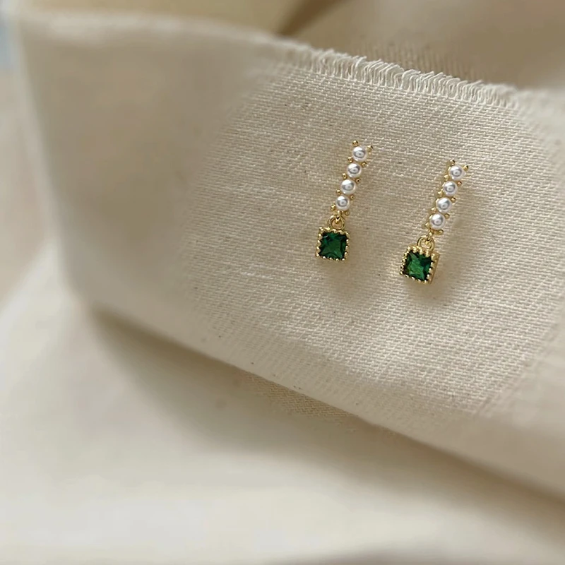 925 Sterling Silver Rectangular Green Zircon Small Earrings Simple Small Pearl Earrings Birthday Gift Women's Fine Jewelry