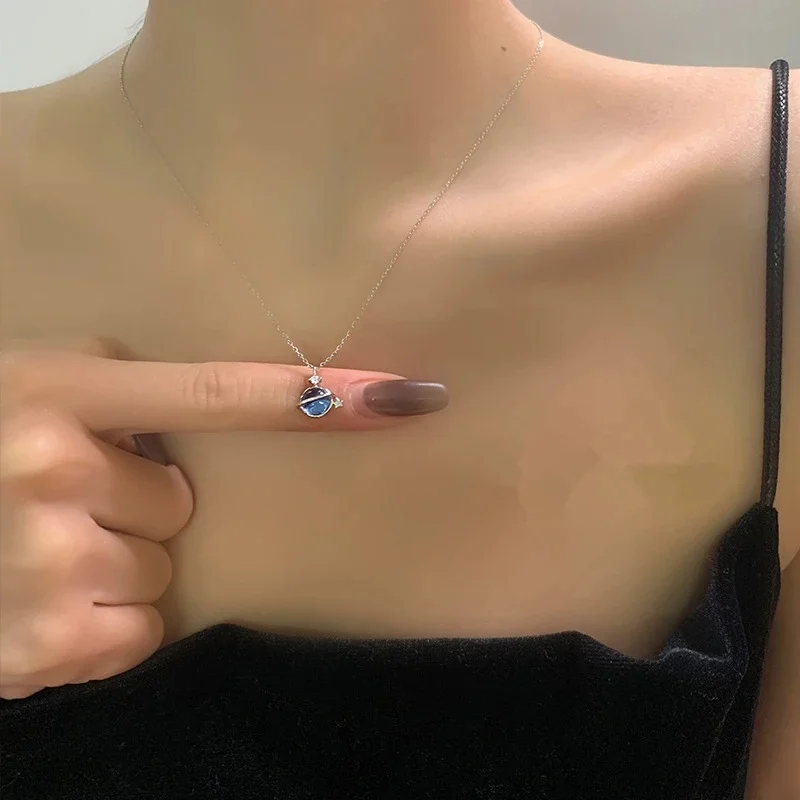 Hot-Seller Saturn Planet Pendant Necklace Transparent Blue Glass Orb Tiny Star Dainty Cosmic Theme Collar Jewelry For Women view 5