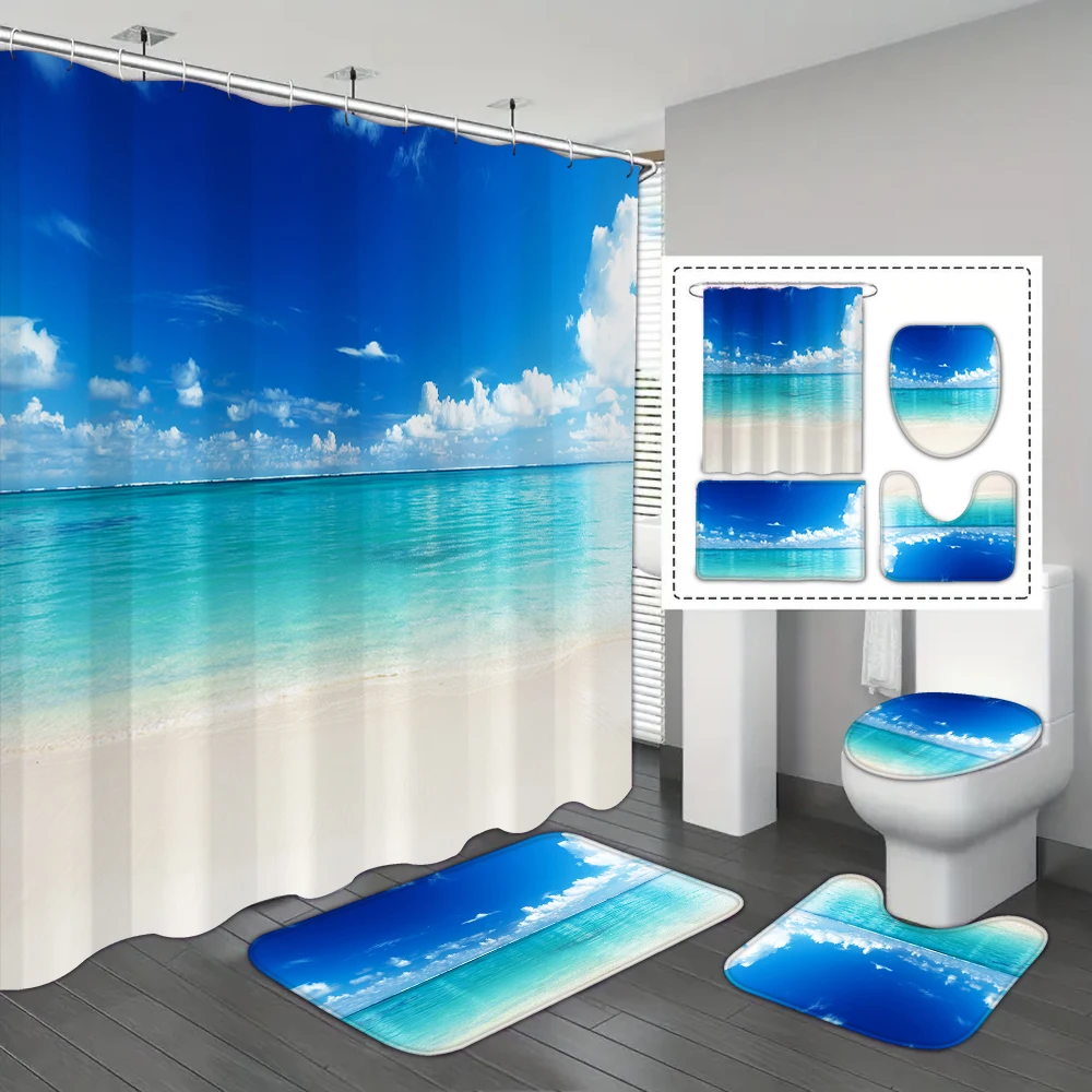 4-piece set of Blue Sky Ocean printed waterproof shower curtain, with 12 hooks and bathroom floor mats