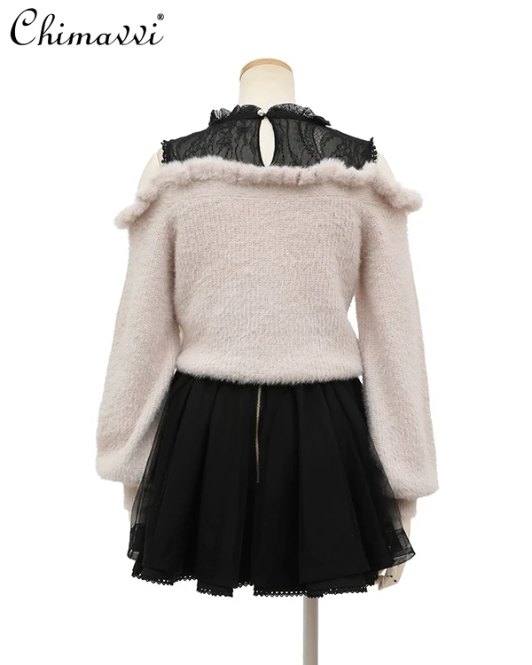 Japanese Classic Fluffy Off-the-shoulder Cute Sweater Autumn Winter Sweet Bow Girls Soft Pullover Knitted Top Women's Knitwear