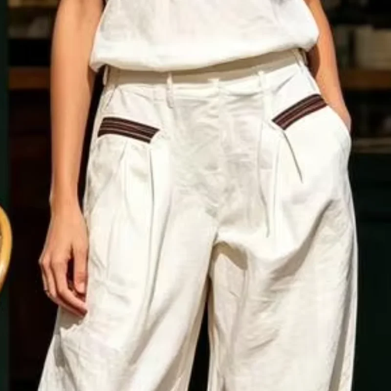 Summer 2 Piece Linen Sets for Women, Stylish Sleeveless Top And Pants Color Block Lounge Outfits with Pockets