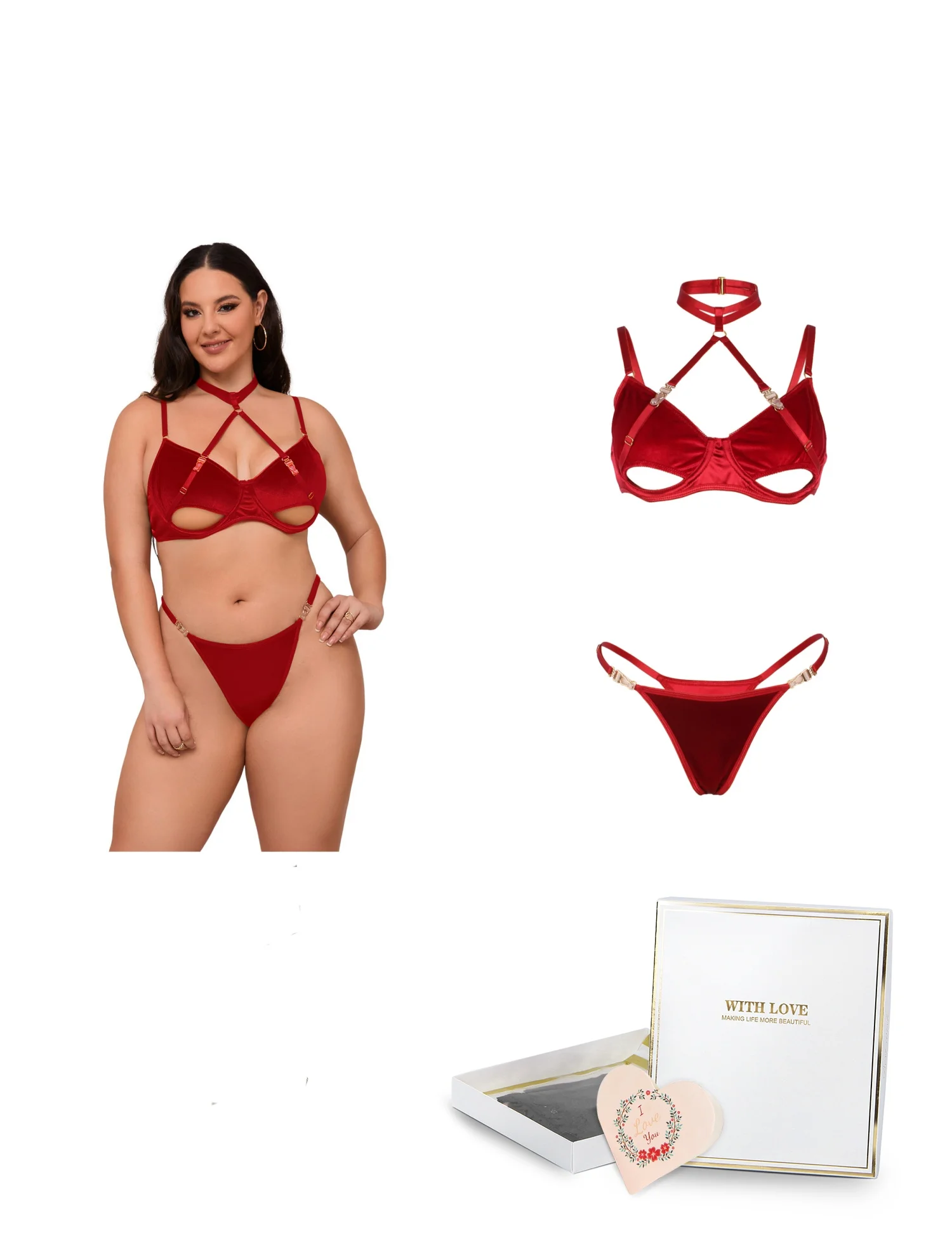 Caja de regalo + Conjunto de sujetador halter con corte hueco de terciopelo sexy verde que incluye sujetador + bragas