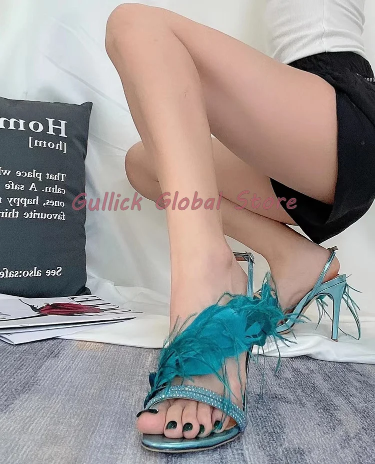 2024 New Genuine Leather Round Toe Rhinestone Fur Slingback Stiletto Sandals Summer Dress Party Wedding Grace Soft Comfortable