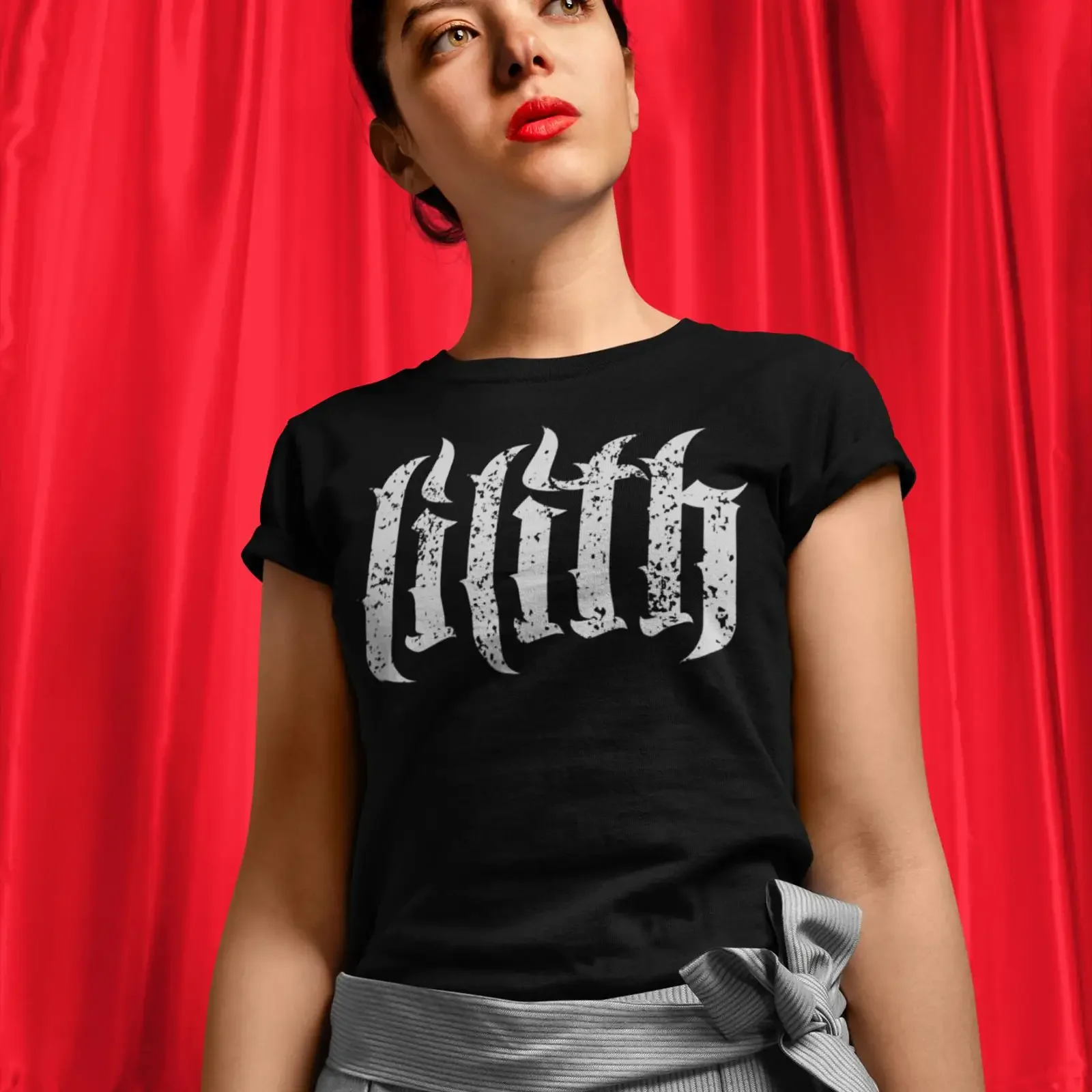 Gothic Lilith Print Black T Shirt Wiccan Halloween Alternative Dark Clothing International Women's Day Casual vintage Washed