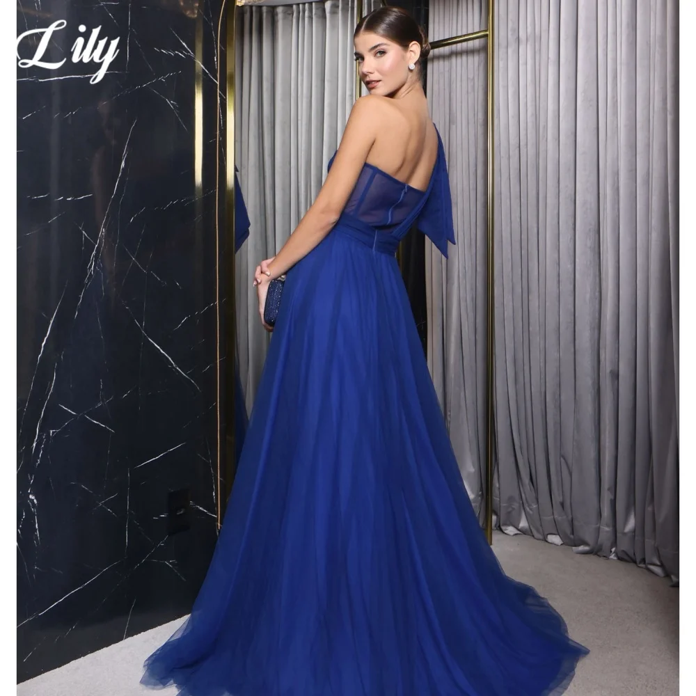 Lily Navy Blue Elegant Prom Dress One shoulder Sweetheart Prom Gown Sleeveless Hollow Beach Dresses with Fishbone robes du soir