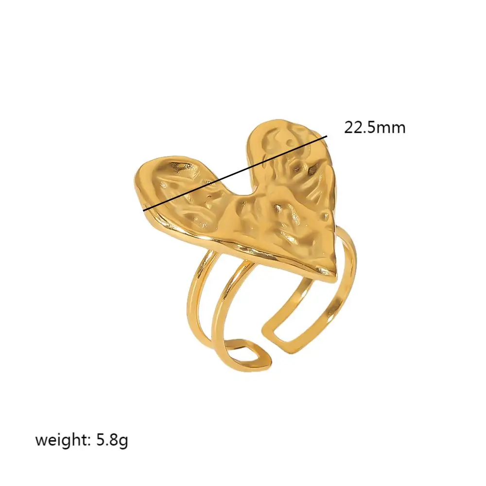 French Vintage Lava Texture Heart 18K GOLD PLATED STAINLESS STEEL EXAGGERATE HAMMER TEXTURE HEART OPENING RING FOR WOMEN