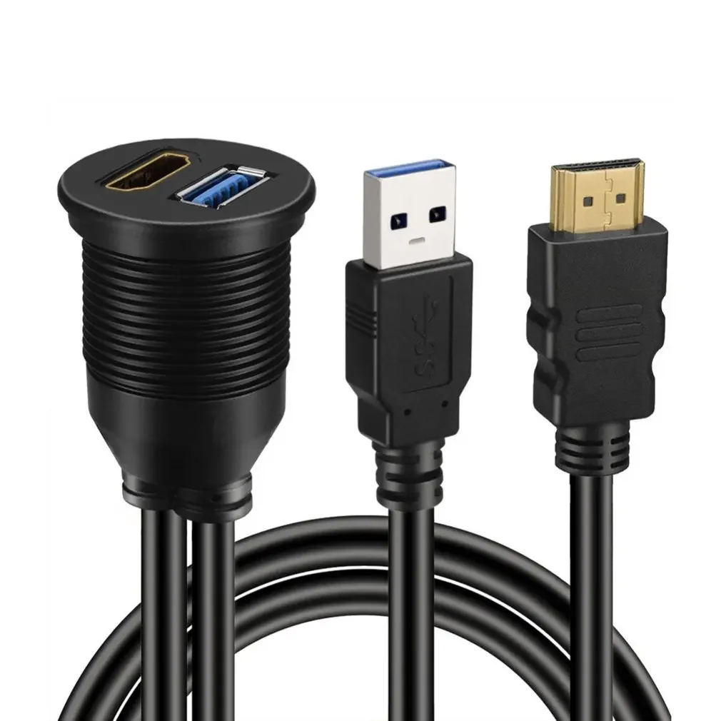 2 In 1 Waterproof USB 3.0 & HDMI-compatible To AUX Extension 1 2M Cable Dash Panel Car Flush Mount CableFor Boat And Motorcycle
