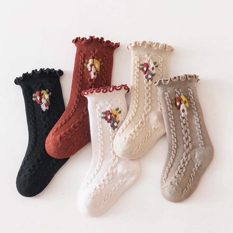 Princess Girl Ruffle Socks Winter Thick Cotton Stockings Flower Baby Mid Tube Sock Kids Clothes Accessories Boneless Kint Socks