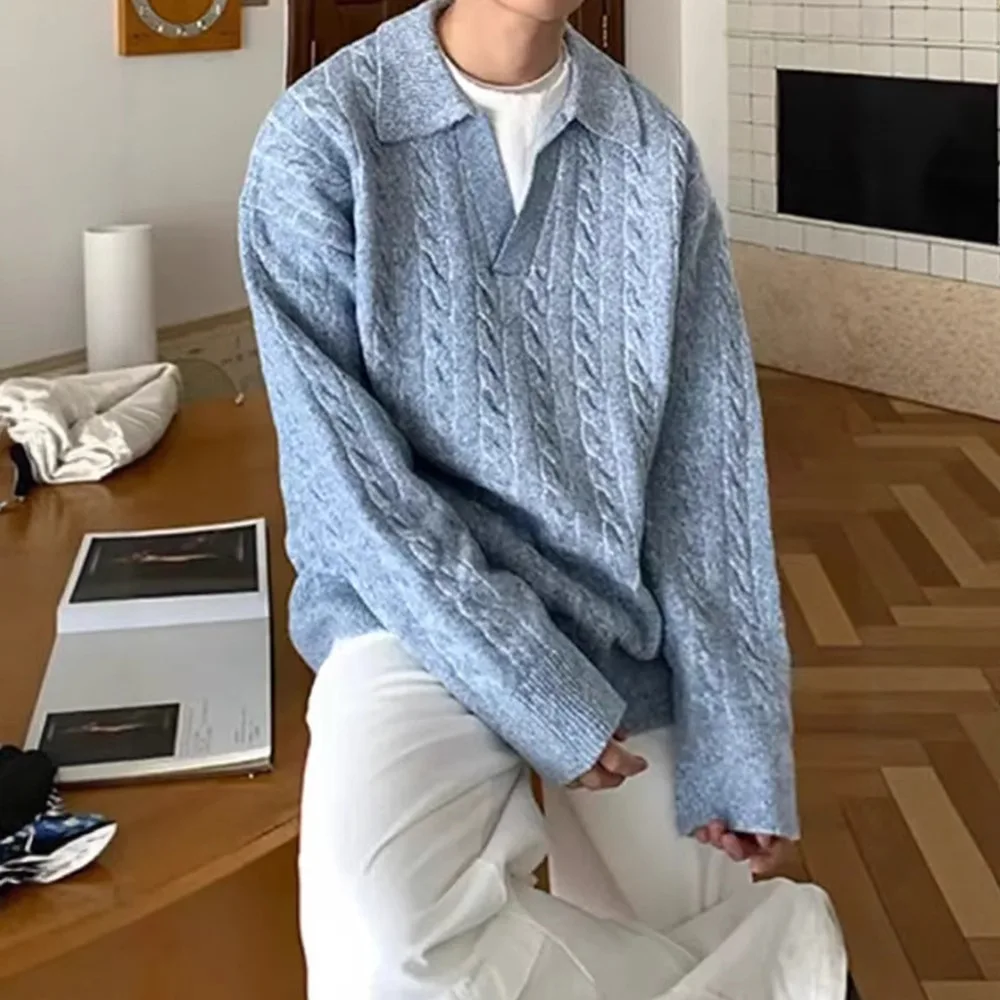 Man Knitting Sweater 2025 Winter Men's Grey Fake Two Piece Sweater Non Pilling V Neck Lazy Layering Knitwear