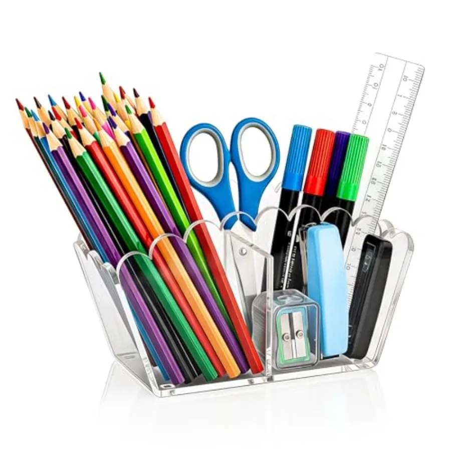 Acrylic Pen Holder 2-Compartment Scalloped Desk Caddy for Office, Vanity or Bathroom Makeup Brush and Pencil Organizer 2-Comp