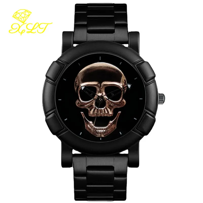 Skull Casual Sport Watches for Men Steel Band Non-mechanical Quartz Watches Chronograph Wristwatch