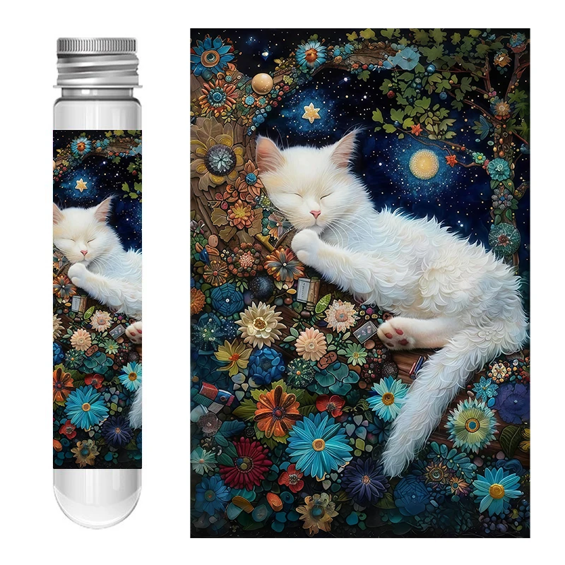 Mini Test Tube Jigsaw Puzzle White Cat Sleeping in Tree - Challenging Adult Decompression Toy Game for Family Entertainment