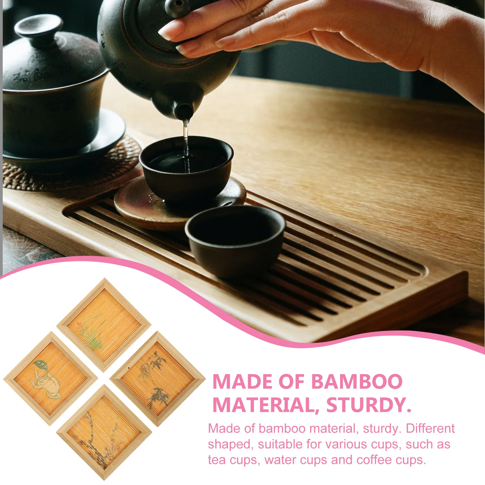 

4pcs Bamboo Thickened Anti-Scalding Mats Heat Insulation Table Protection For Home Coffee Shop Tea Cup Anti-Skid Mug Pads