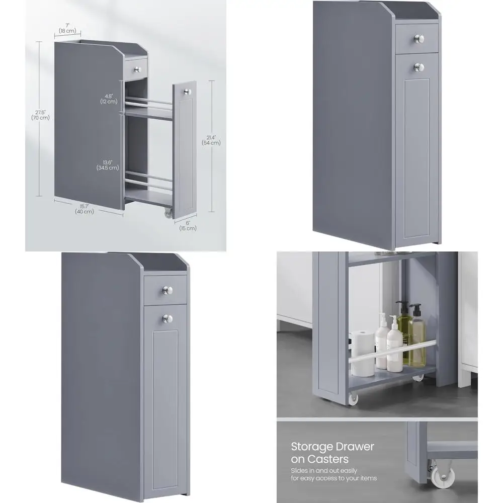 

Серый тонкий шкаф для хранения с выдвижными ящиками для туалетной бумаги, идеально подходит для небольших помещений в ванной или на кухне