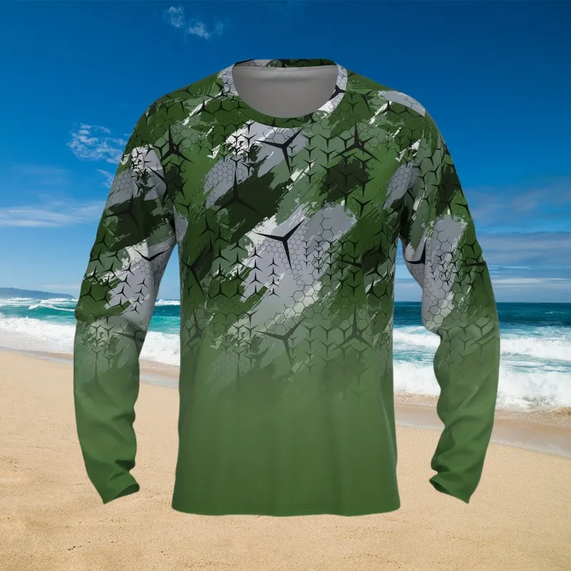 Summer Men's Geometric Print Sunscreen Long Sleeve T-Shirt Quick Drying O Collar Protection Fishing Outdoor Loose Top Clothing