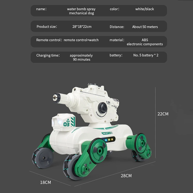 RC 자동차 물공 로봇 개 스프레이 음악 조명, 리모컨 제스처 감지, 2.4G 360 회전 슈팅 장난감