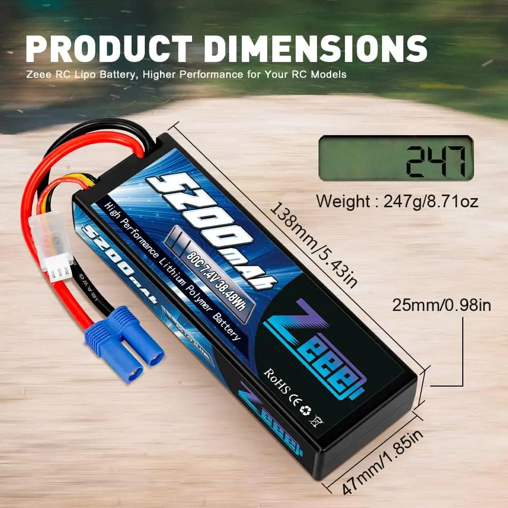 Zeee-Bateria Lipo Para Veículos Automoativos RC, Modelos de Drone Truggy Buggy, 2S, 5200mAh, 7.4V, Bateria 80C Hardcase, EC5, Plugue 3 T, 1/8, 1/10,