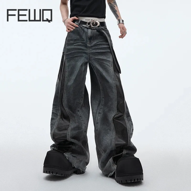 

IEFB Niche Deign Male PU Leather Patchwork Jeans Distressed Reteo Style Loose Fit Summer High Street Wide Leg Pants 24Y155