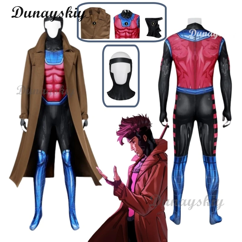 

Gambit Remy Etienne LeBeau Cosplay Jumpsuit Mask XMEN 97 Cosplay Costume Zentai Suit Superhero Halloween Party Bodysuit