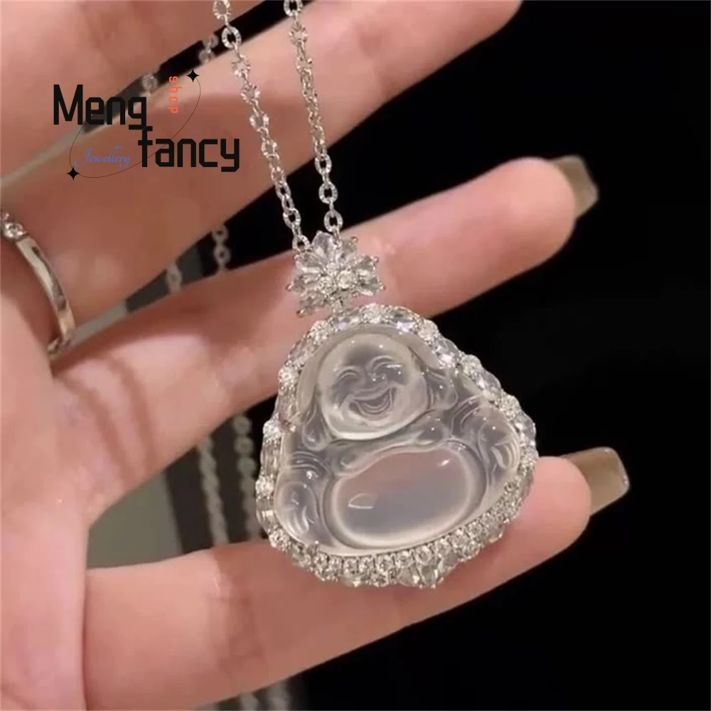 

Natural High-ice Chalcedony Buddha Pendant With Silver Plating And Inlaid New Chinese-Style Popular Maitreya Buddha Jade Necklac