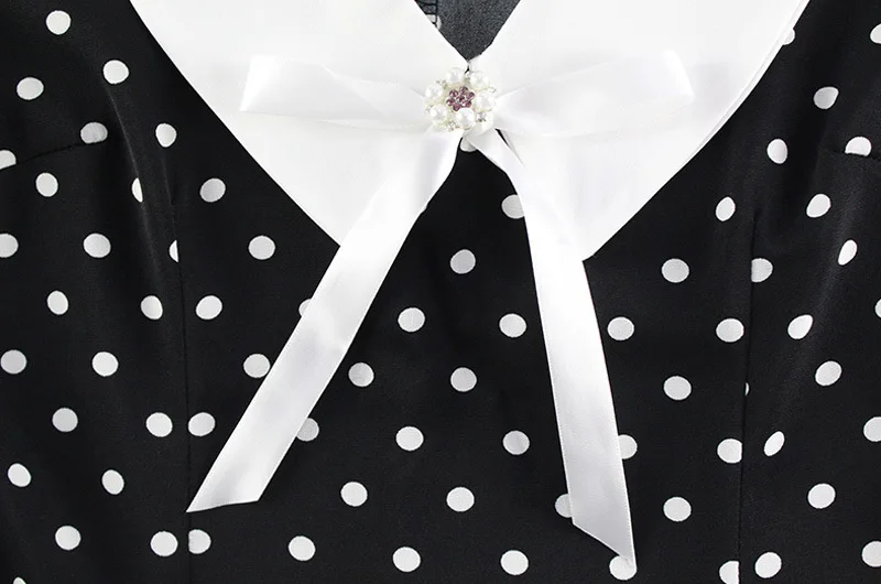 Robe mi-longue moulante pour femmes, Style français, couleur Patchwork, imprimé à pois, élégante, rétro, col Peter Pan, manches courtes, fendue