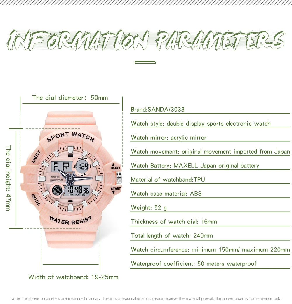 Outdoor Sports Chronograph Watch 2023 New Women Dual Display Watch Luminous HD LED Womens Watches 50M Waterproof SANDA 3038