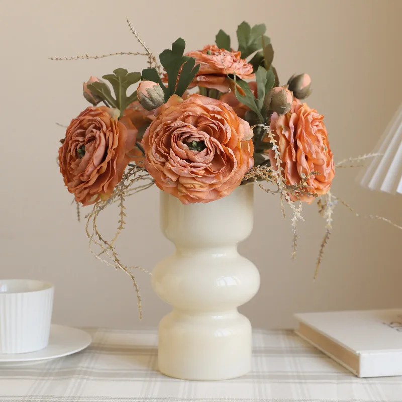 25CM Artificial Autumn Color Series 2-head Burnt Edge Dew Lotus Retro Style Hotel Decoration Dried Flowers