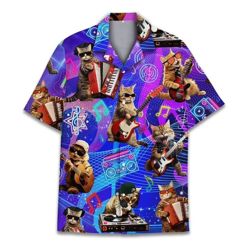 Men's Fun Hawaiian Shirt, 3D Musical Cat Print, Beach Sweatshirt Street Designer, Short Sleeve Shirt High Quality Men's Clothing