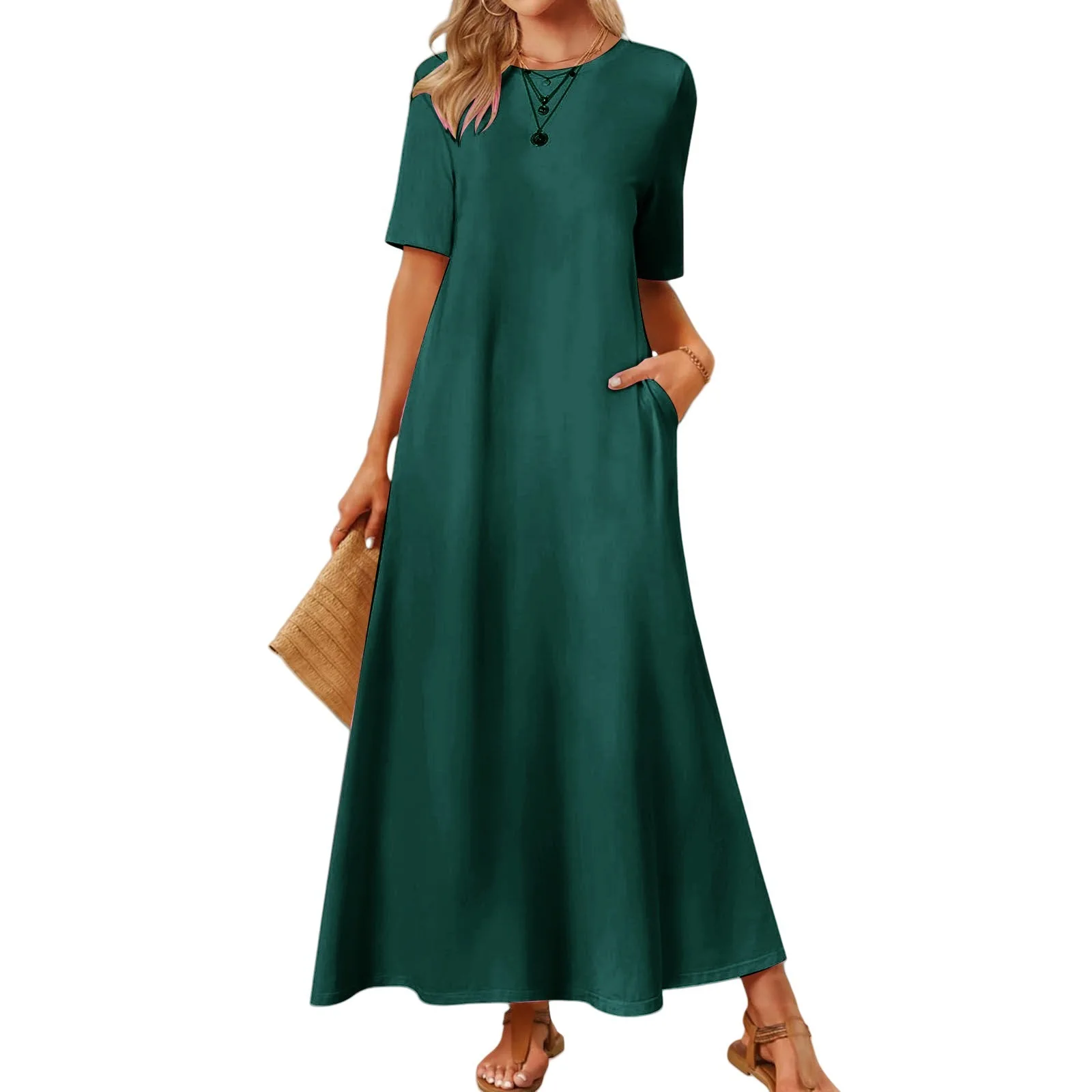 Women's 2025 Summer T Shirt Dress Short Sleeve Crewneck Maxi Dress With Pockets Casual Solid Color Swing A Line Long Dresses