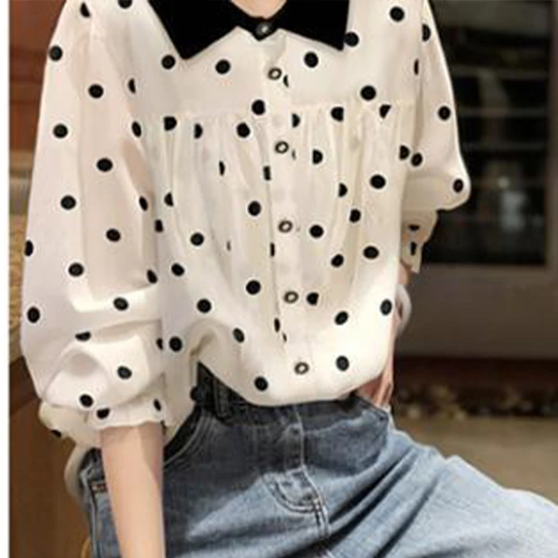 stylish polka dot long sleeves chiffon shirt for women\'s spring autumn new Korean version loose slimming chic polo collar top