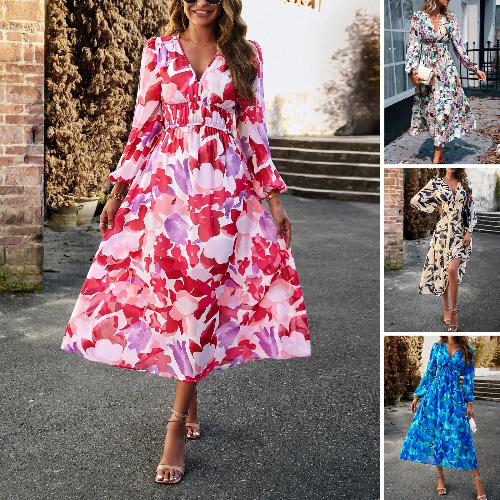 

Women's Dress with Floral Print V-neck Long Sleeved Pleated Waistband Loose Fitting Dress for Summer 2024