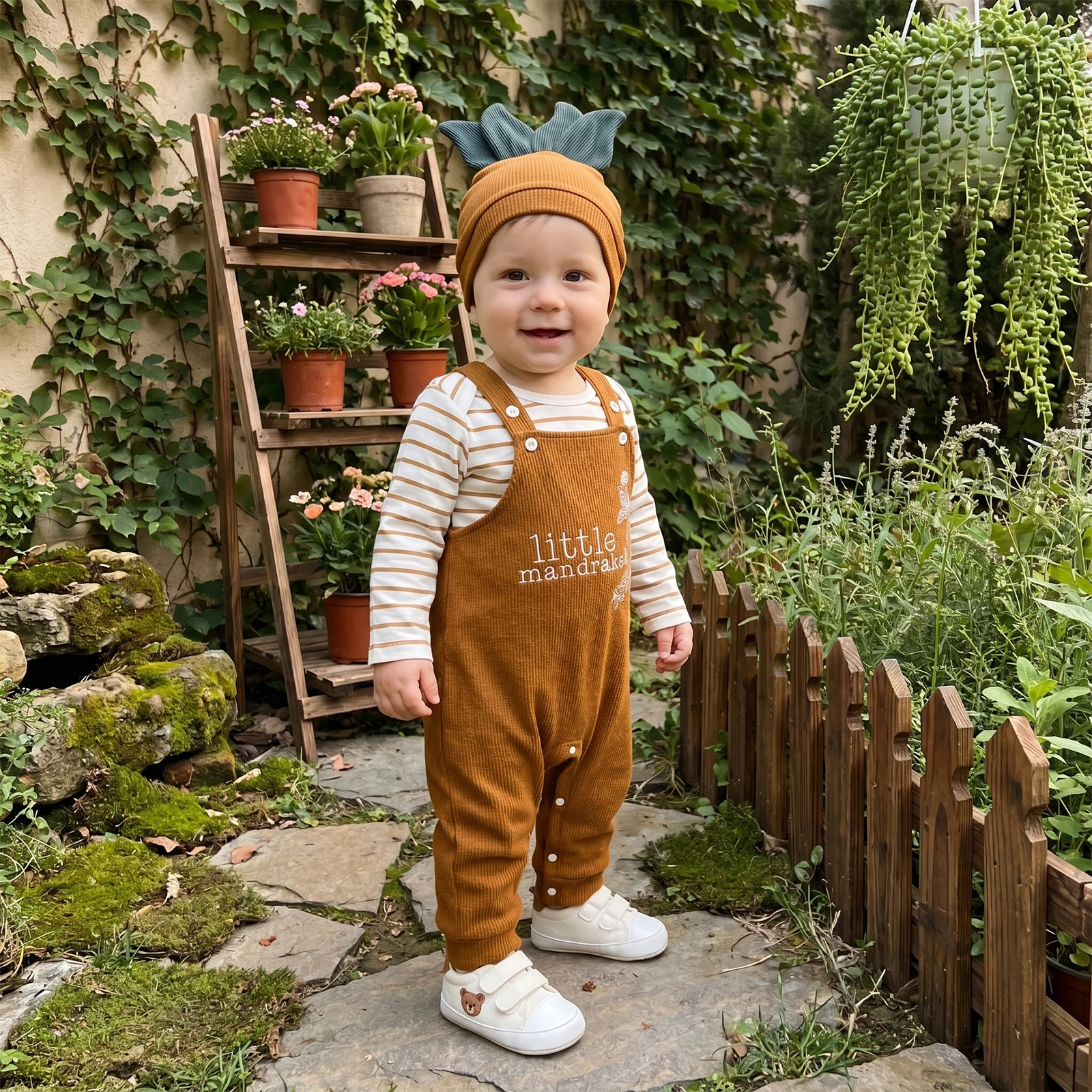 2027 Winter Baby Boy Fall Outfit Casual Striped Crew Neck Long Sleeve Romper Letter Embroidered Overalls and Hat 3 Pcs Set
