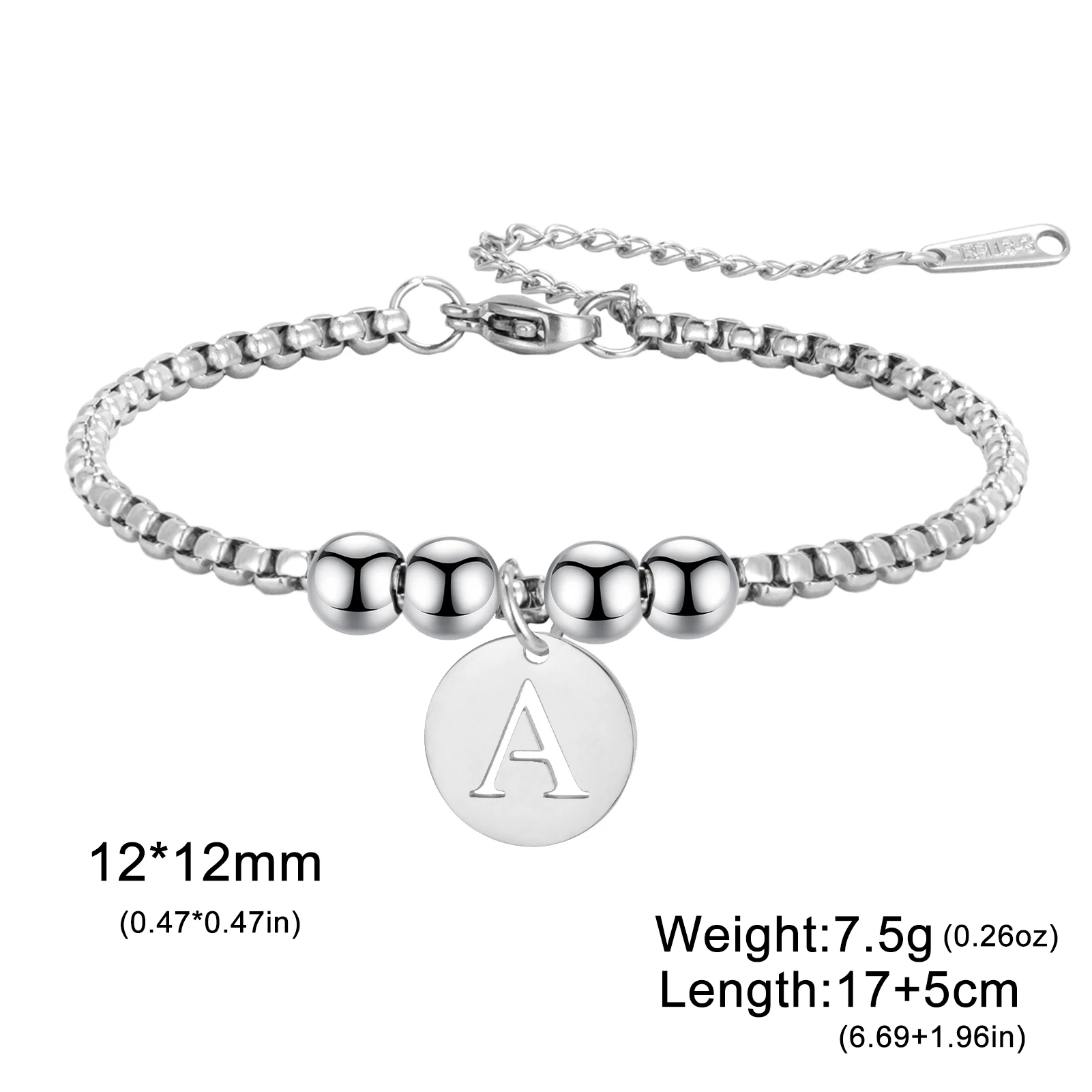 Cazador Stainless Steel A-Z Initial Letter Round Charm Box Chain Bracelet Jewelry Alphabet Bracelet for Women Mother\'s Day Gifts