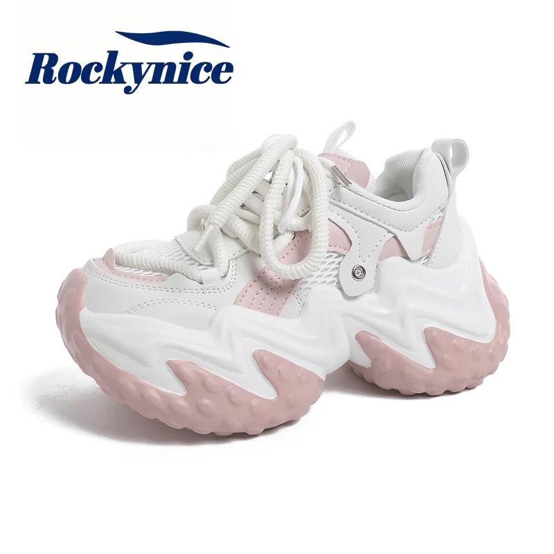 New 2026 Women High Platform Casual Leather Mesh Shoes Autumn Lace-up Chunky Sneakers 7CM Wedge Hidden Heels Leisure Shoes Woman