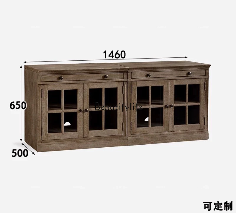 American Country Style Solid Wood TV Cabinet French Retro Living Room Storage Floor-standing TV Cabinet with Drawers