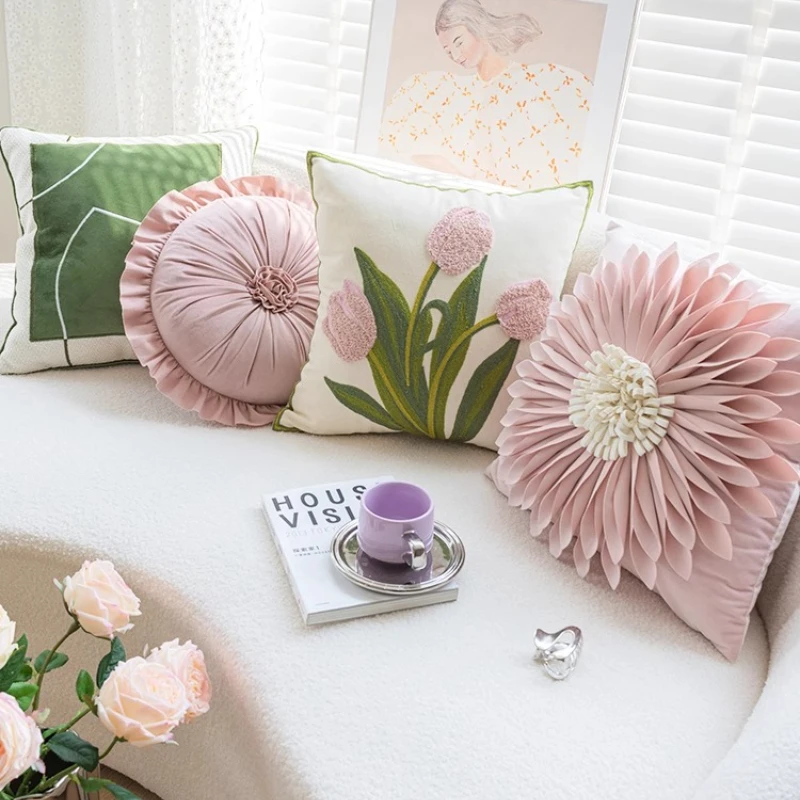 1pc 45x45cm Round Shape French Flower Pillow with Core for Sofa Living Room Tulip Bay Window Back Cushion Pillowcase