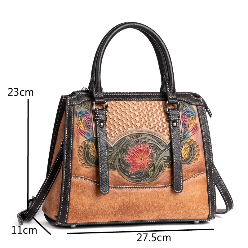 Johnature Vintage Women Bag 2024 New Genuine Leather Handmade Embossed Handbag Nature Cowhide Versatile Shoulder Messenger Bags