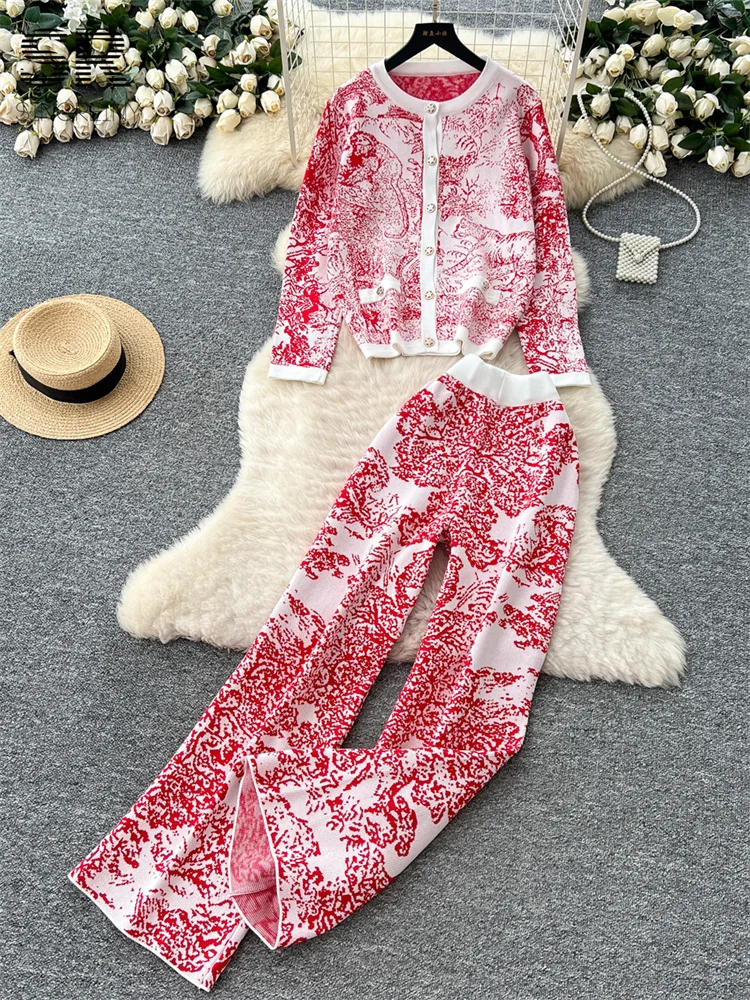 Winter Women Print 2pcs Sets O Neck Single Breasted Cardigan+Wide Leg Pants Autumn Senior Casual Knit Outfits 2025костюм женский