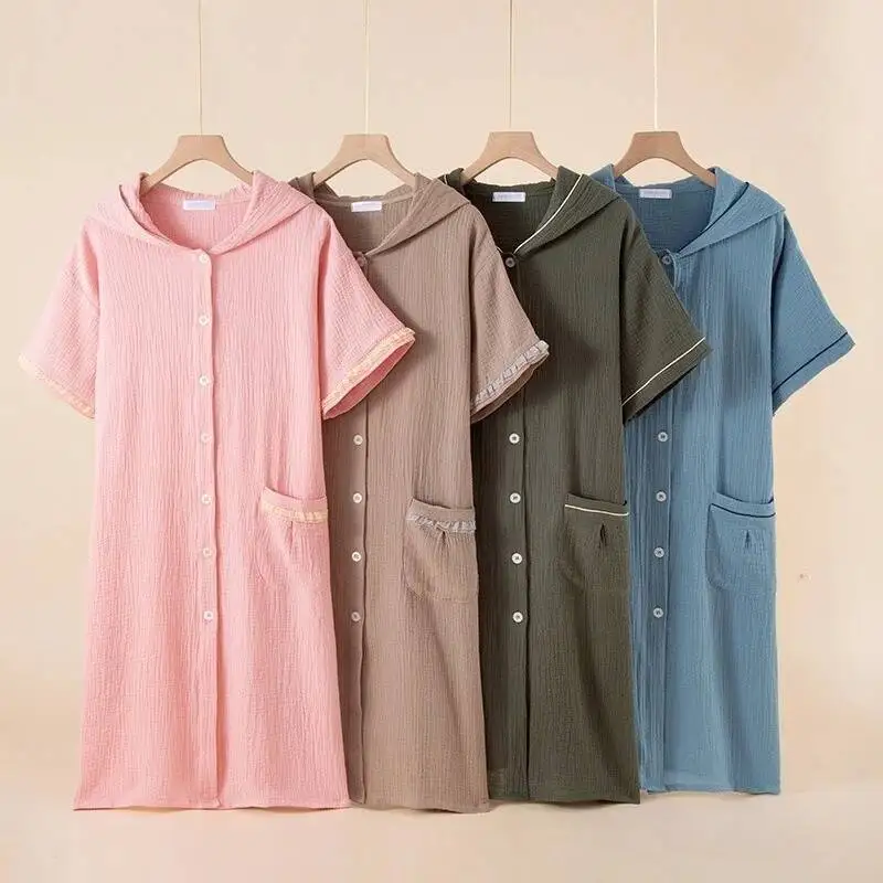 سترة صوفية بغطاء للرأس من القطن للأزواج الصيفية، رداء حمام منزلي بأكمام قصيرة، مقاس كبير، ثوب نوم للنساء