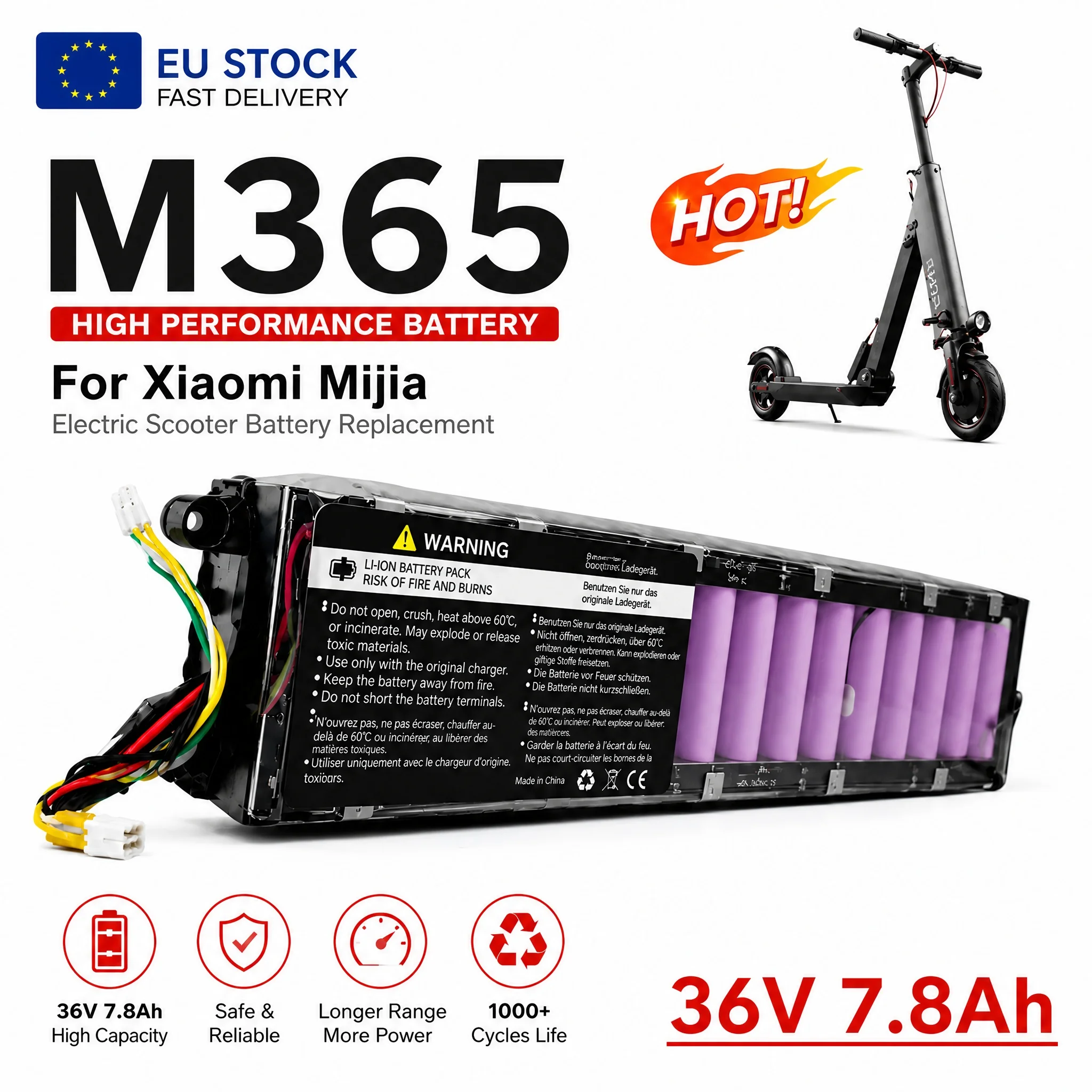 Batterie de remplacement Li-ion 36V 7800mAh pour trottinette électrique M365/M365 Pro – Expédition rapide UE