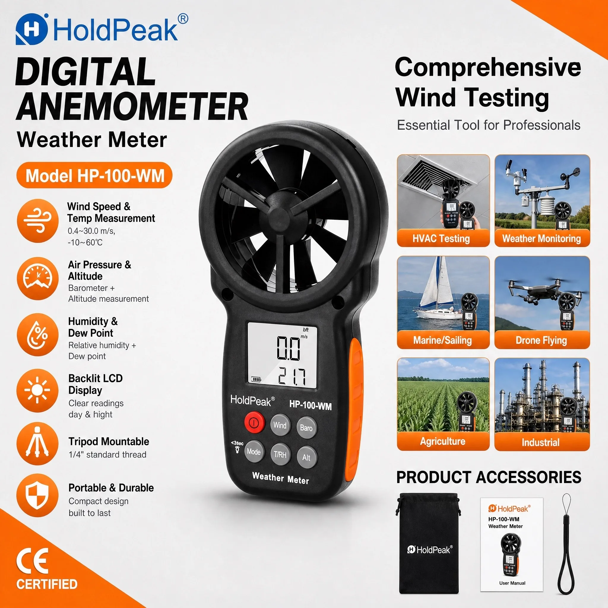 Anemometer Wind Speed Meter 8-Vane 0.3-30m/s Dual Temp Sensor Barometer Altimeter Humidity MAX MIN AVG Backlight