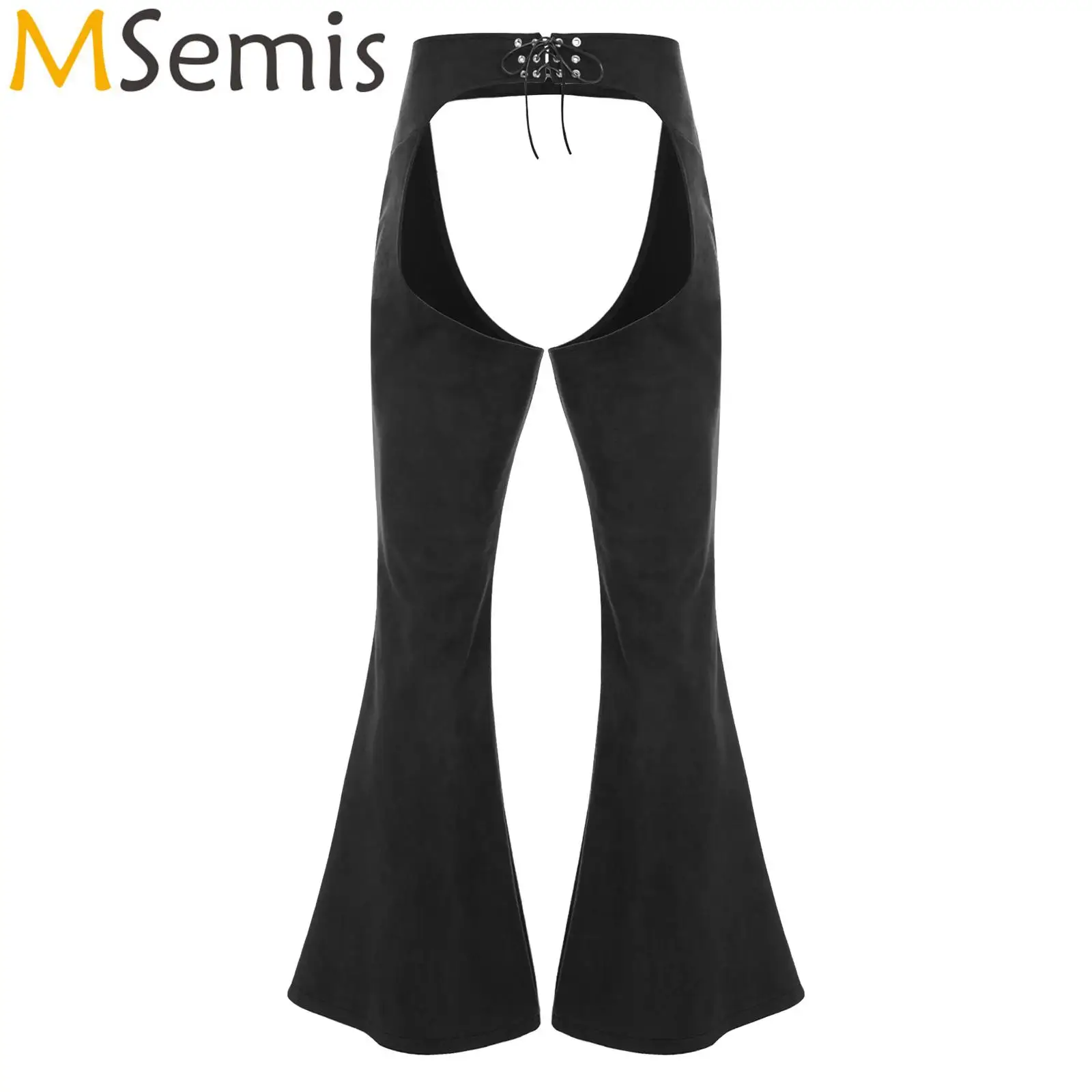 Mens Vintage Hollow Out Cowboy Biker Pants Faux Suede Wide Leg Long Pants Adjustable Waist Riding Motorcycle Costume